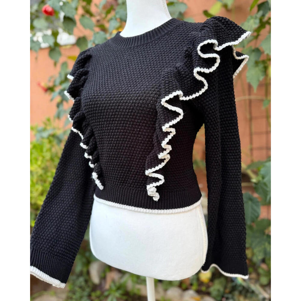 Divided Black White Ruffled Sweater Women’s Size S